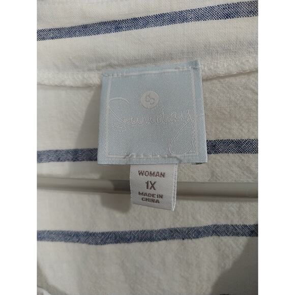 Sunday Woman 1X Blouse Pullover V Lace Neckline Blue White Striped Linen Blend - Picture 3 of 11